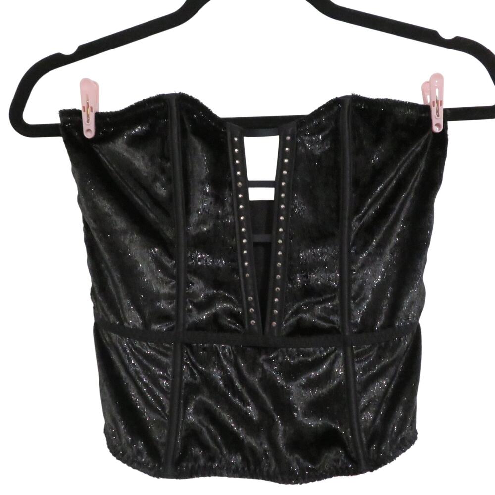 Victoria's Secret Womens Sz S Black Velvet Shimmer Corset Sheer Back Boning Date
